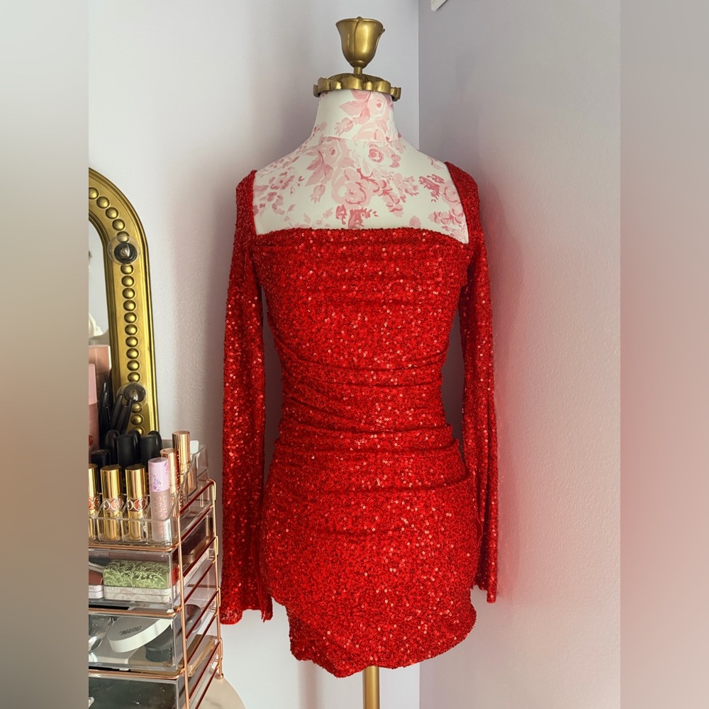 Red Sequin Long Sleeve Mini Dress